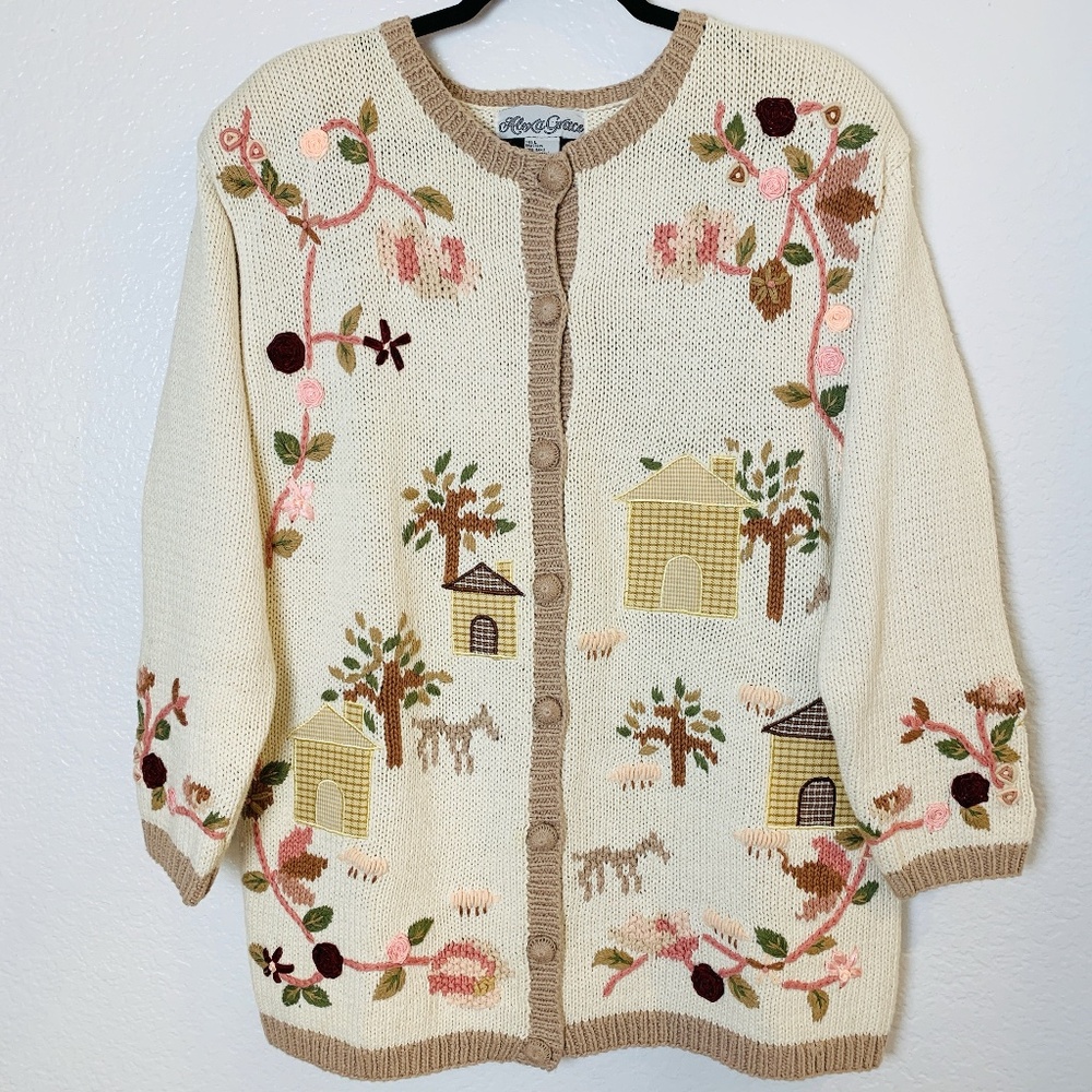Vintage Alexa Grace Embroidered Sweater Cardigan Womens Large Cottagecore Floral